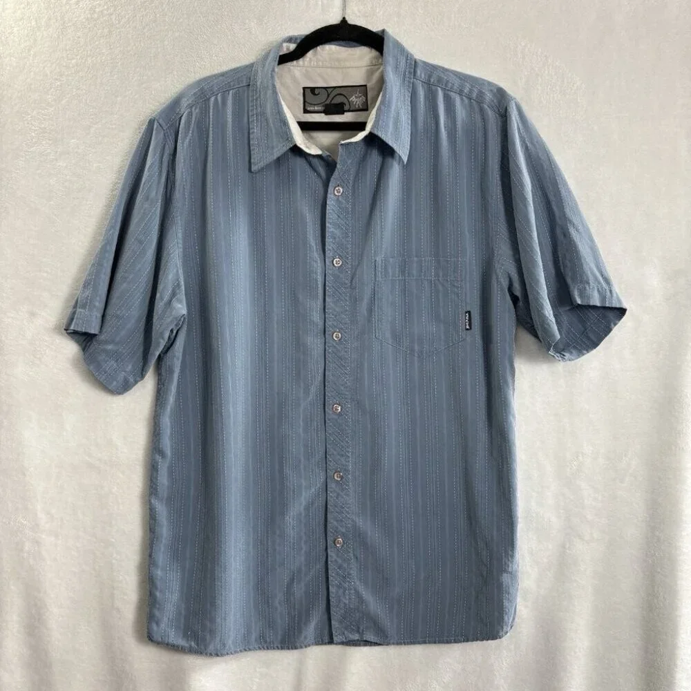 PRANA Men Striped Button Front‎ Short Sleeve Casual Shirt Sz XL Blue Work 24-17